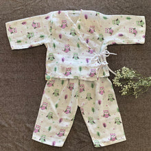 Load image into Gallery viewer, Bamboo Muslin Night Suit | Kimono Set | Owl Print - Oranges and Lemons