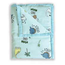 Load image into Gallery viewer, Dancing Dinosaurs - Muslin Blanket / Comforter/ Quilt - Aqua - Oranges and Lemons