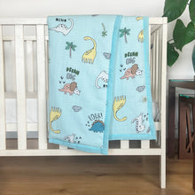 Load image into Gallery viewer, Dancing Dinosaurs - Muslin Blanket / Comforter/ Quilt - Aqua - Oranges and Lemons