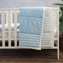 Load image into Gallery viewer, Baa...Baa...Blue Sheep - Organic Baby Quilt (Night Blanket) - Oranges and Lemons