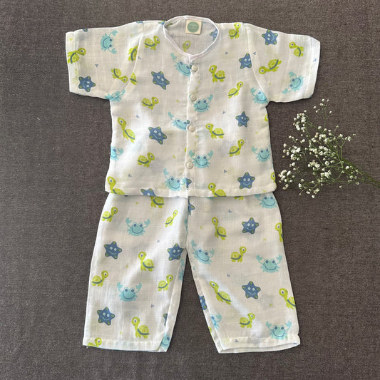 Bamboo Muslin Night Suit | Pyjama Set | Turtle Print | 6 - 12 m - Oranges and Lemons