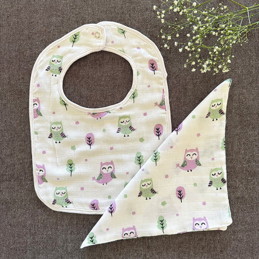 Bamboo Muslin Baby Bib and Wash Cloth Set - Owl Print (Set of 2) - Oranges and Lemons