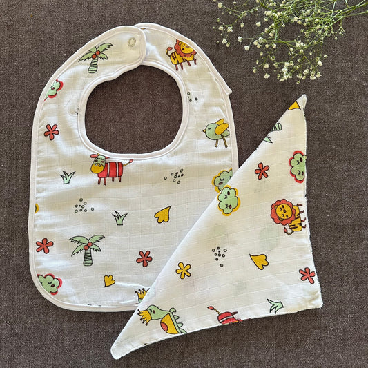 Bamboo Muslin Baby Bib and Wash Cloth Set - Animal Print (Set of 2) - Oranges and Lemons