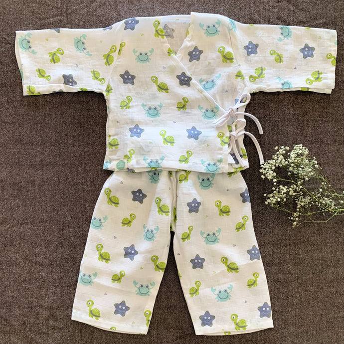 Bamboo Muslin Night Suit | Kimono Set | Turtle Print - Oranges and Lemons