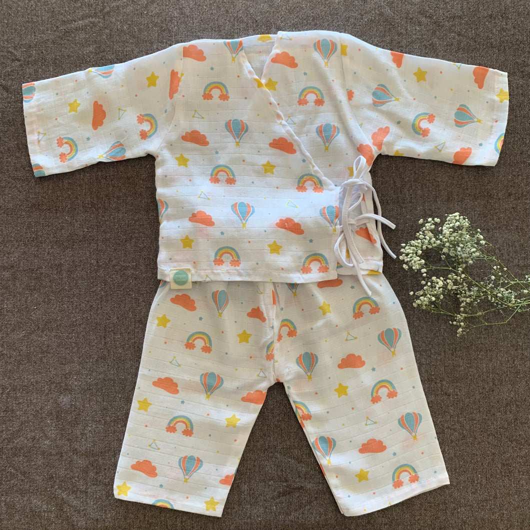 Bamboo Muslin Night Suit | Kimono Set | Rainbow Print - Oranges and Lemons
