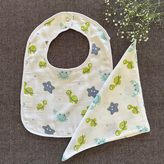Bamboo Muslin Baby Bib and Wash Cloth Set - Turtle Print (Set of 2) - Oranges and Lemons