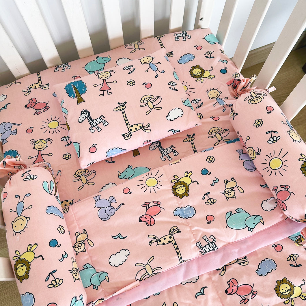 Animals - 5 Piece Crib Bedding Set - Pink