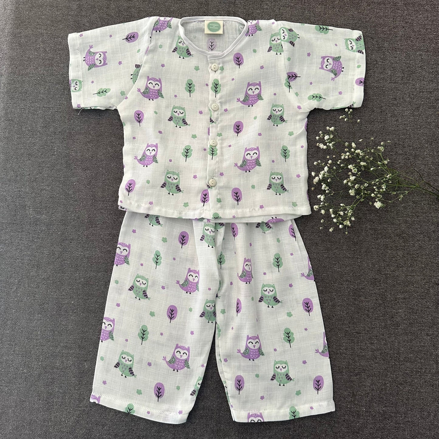 Bamboo Muslin Night Suit | Pyjama Set | Owl Print | 6 - 12 m