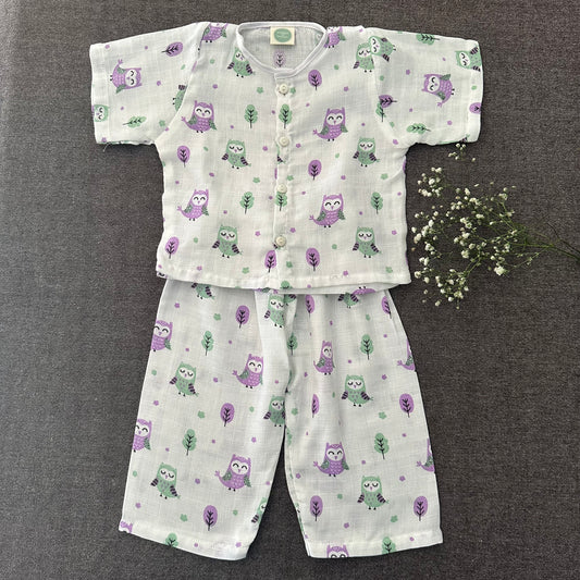 Bamboo Muslin Night Suit | Pyjama Set | Owl Print | 6 - 12 m - Oranges and Lemons