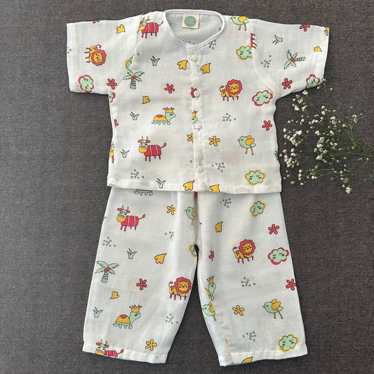 Bamboo Muslin Night Suit | Pyjama Set | Animal Print | 6 - 12 m - Oranges and Lemons