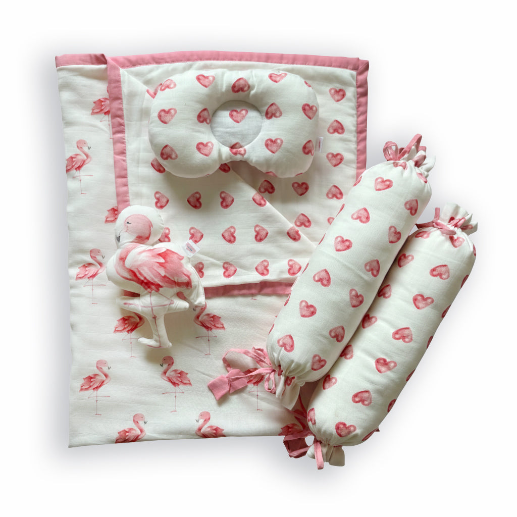 Flamingo Love - Organic Muslin Cot Bedding Gift Set - Set of 4 - Oranges and Lemons
