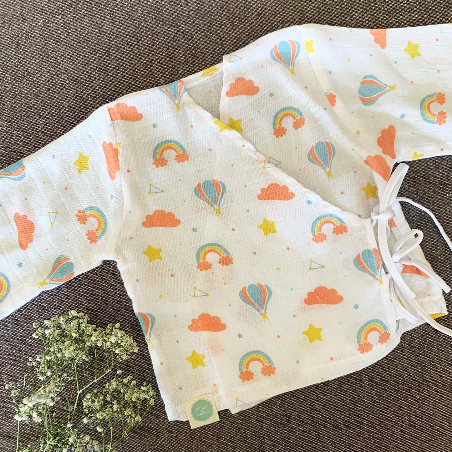 Bamboo Muslin Night Suit | Kimono Set | Rainbow Print - Oranges and Lemons