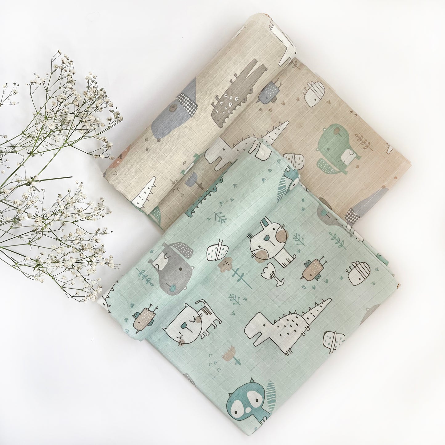 Organic Muslin Baby Swaddles | Aqua & Beige | Set of 2 - Oranges and Lemons