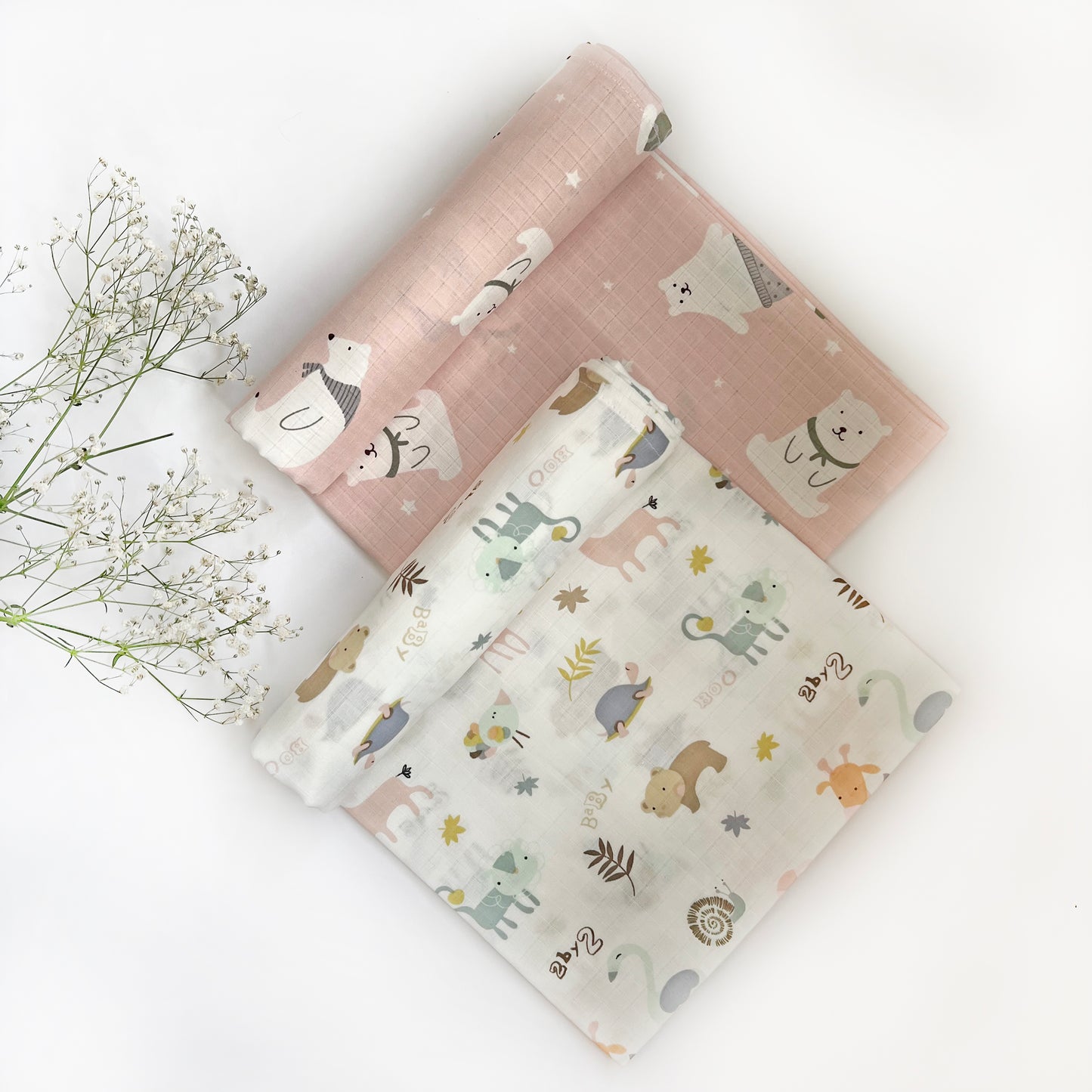 Organic Muslin Baby Swaddles | White & Pink | Set of 2 - Oranges and Lemons
