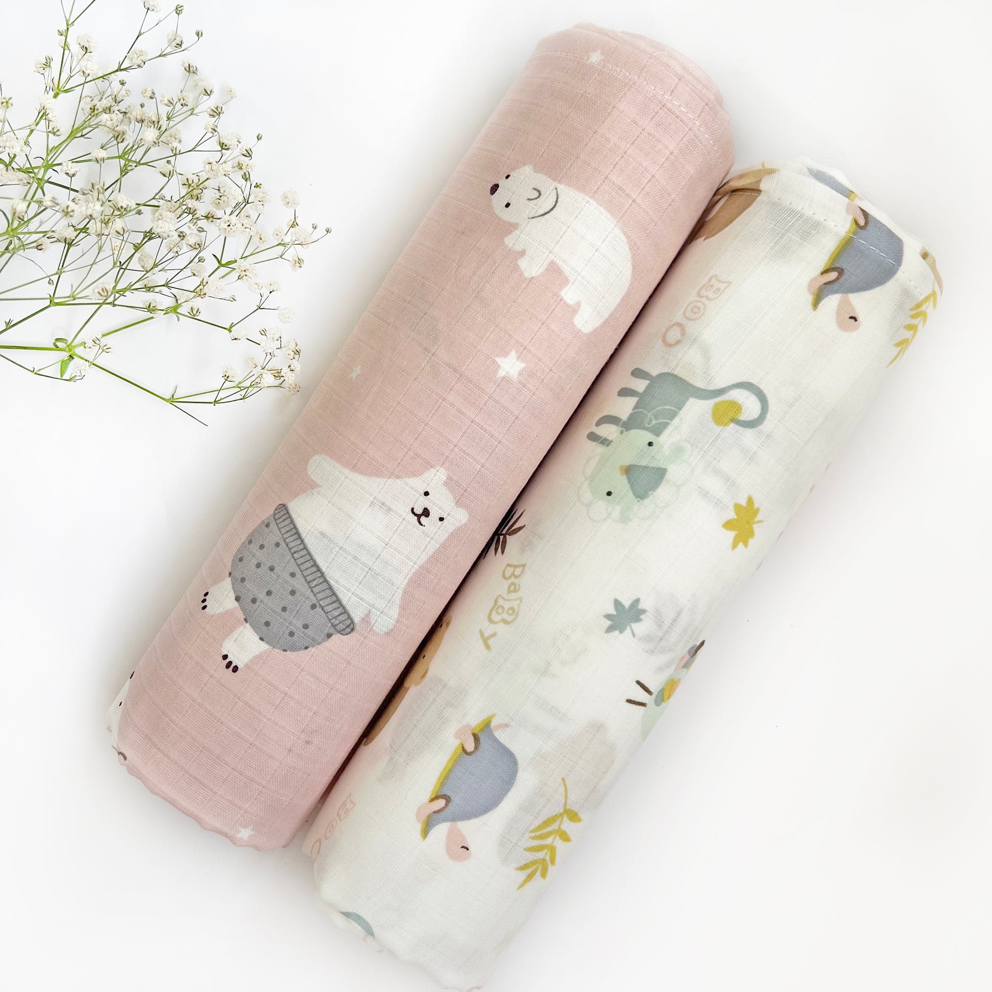 Organic Muslin Baby Swaddles | White & Pink | Set of 2 - Oranges and Lemons